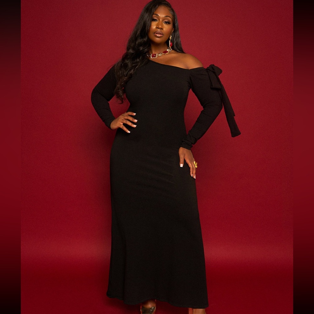 Rebdolls Black One Shoulder Bow Detail Maxi Slip Dress